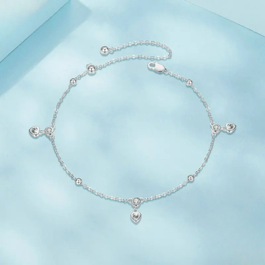 925 Sterling Silver Heart Fringe Anklet – Adjustable White Gold Plated Chain
