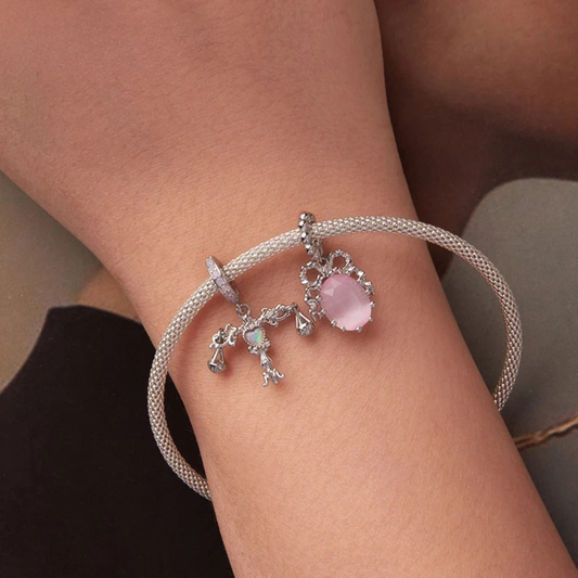 925 Sterling Silver Pink Party Pendant – Transparent Bow Beads for DIY Jewelry Gift