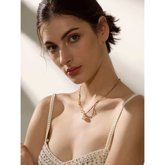 Stainless Steel Imitation Pearl Pendant Necklace – Round Bead Chain in Gold or Silver