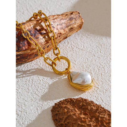 Stainless Steel Baroque Pearl Pendant Necklace – 18K PVD Gold Plated Chain