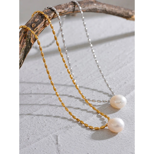 Stainless Steel Natural Pearl Bead Necklace – Tarnish-Free Minimalist Chain for Women