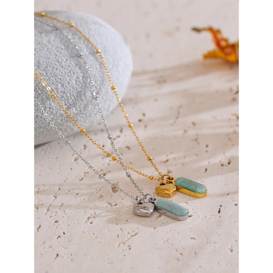 Stainless Steel Amazonite Heart Drop Necklace – Polished Waterproof Fashion Jewelry for Women