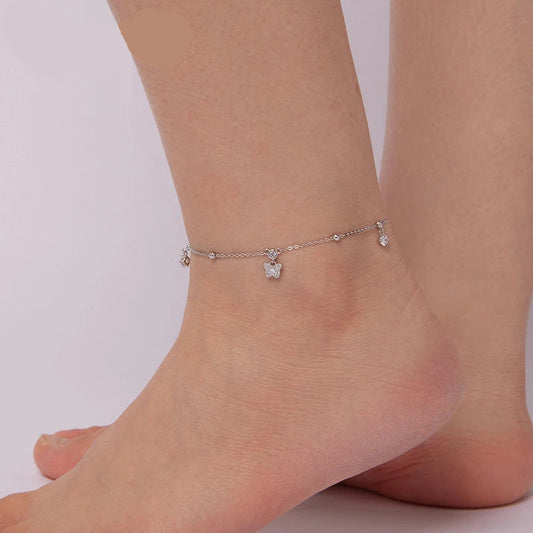 925 Sterling Silver Butterfly Anklet – Full Zircon Link Chain with Beads