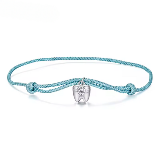 925 Sterling Silver Blue Rope Bracelet with Teeth Zircon Pendant – Adjustable Summer Gift