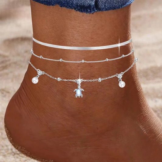 925 Sterling Silver Snake Chain Anklet – Adjustable Turtle Beach Bracelet