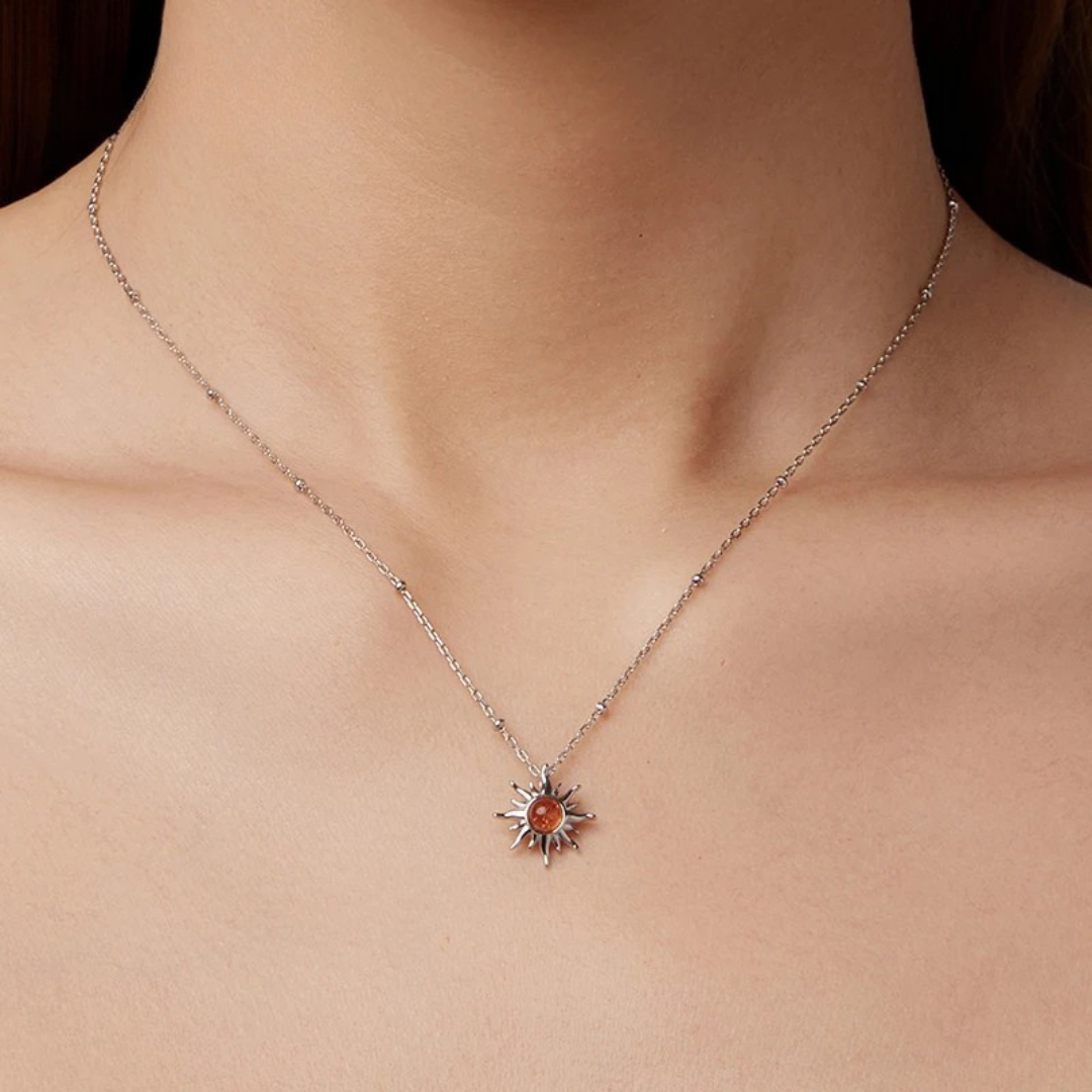 925 Sterling Silver Sunstone Sun Pendant Necklace