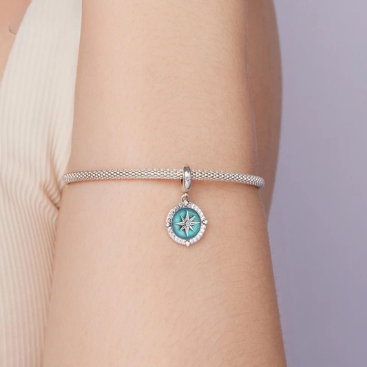 925 Sterling Silver Compass Pendant – Blue Enamel & Zircon Beads for DIY Necklace Gift