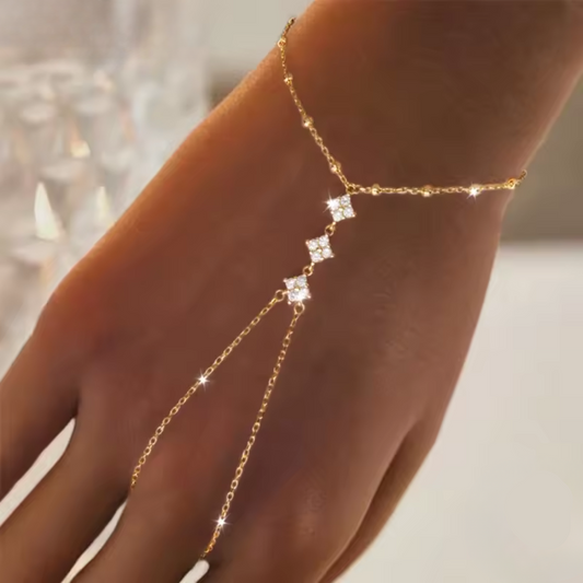 925 Sterling Silver Four-Leaf Clover Hand Chain Bracelet with CZ – Adjustable Summer Body Jewelry