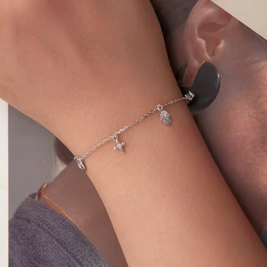 925 Sterling Silver Cross & Fatima Hand Bracelet Adjustable Lucky Gift
