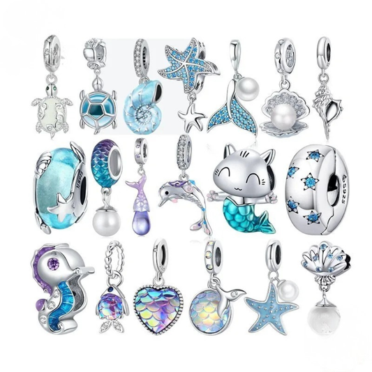 925 Sterling Silver Ocean Charm Bead – Dolphin, Mermaid & Fish with Blue CZ for DIY Jewelry