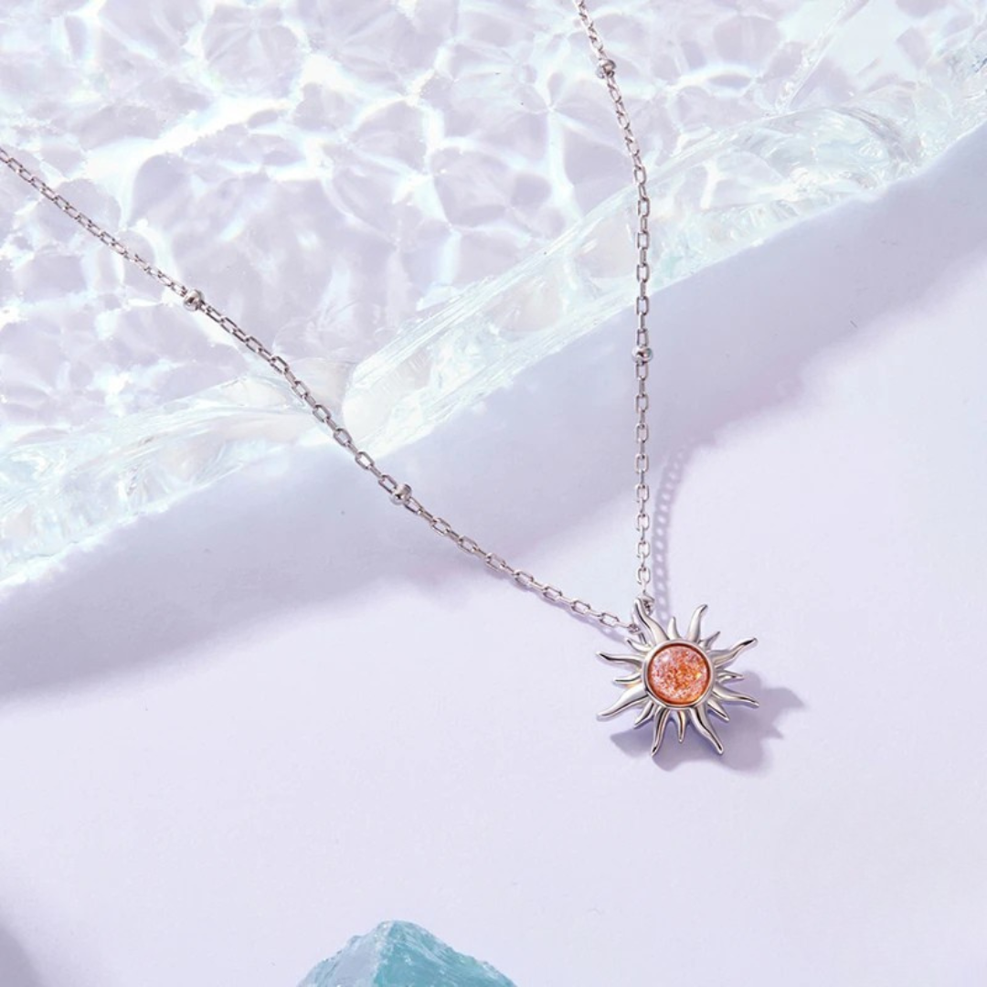 925 Sterling Silver Sunstone Sun Pendant Necklace