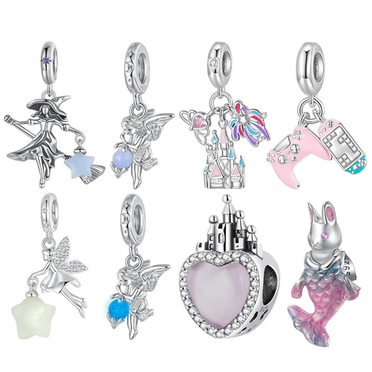 925 Sterling Silver Castle Pendant with Luminous Angel Beads – Pink Charm Necklace DIY