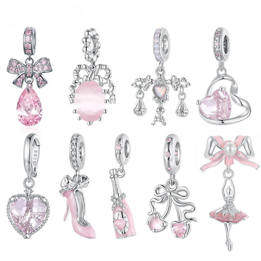 925 Sterling Silver Pink Party Pendant – Transparent Bow Beads for DIY Jewelry Gift