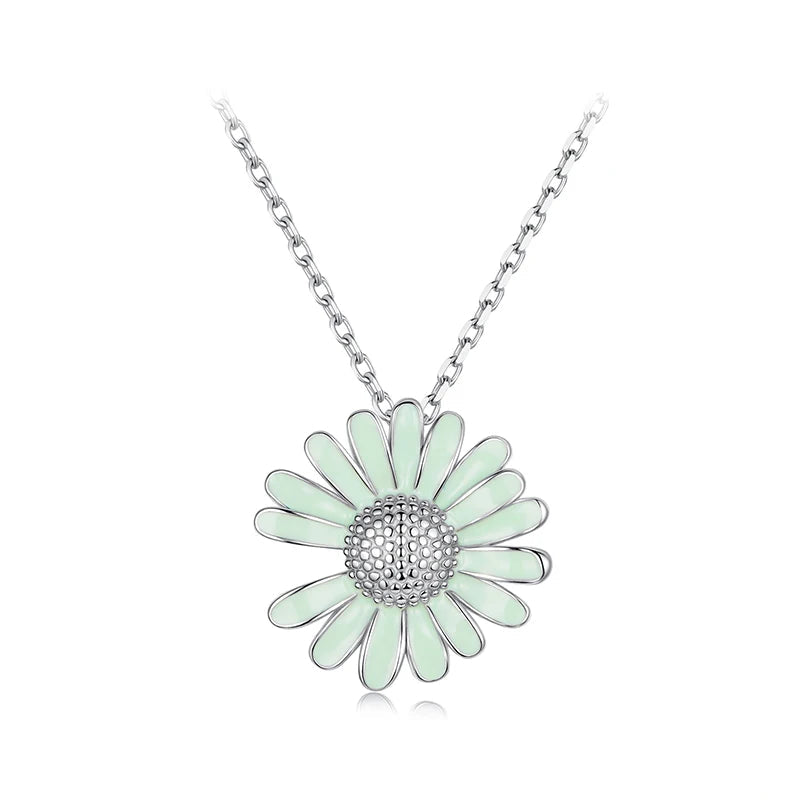 925 Sterling Silver Daisy Pendant Necklace – Green Flower Charm