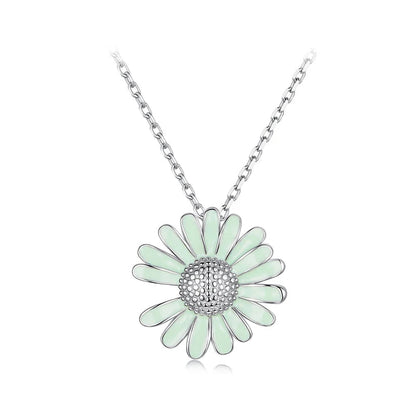 925 Sterling Silver Daisy Pendant Necklace – Green Flower Charm