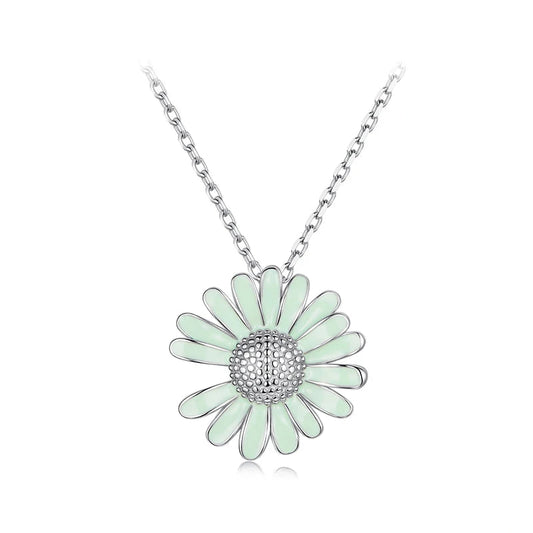 925 Sterling Silver Daisy Pendant Necklace – Green Flower Charm