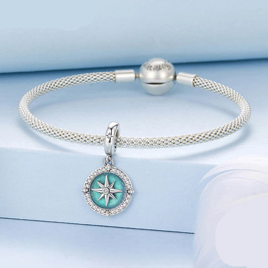 925 Sterling Silver Compass Pendant – Blue Enamel & Zircon Beads for DIY Necklace Gift
