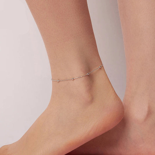 925 Sterling Silver Beaded Anklet – Minimalist Waterproof White Gold Plated Chain