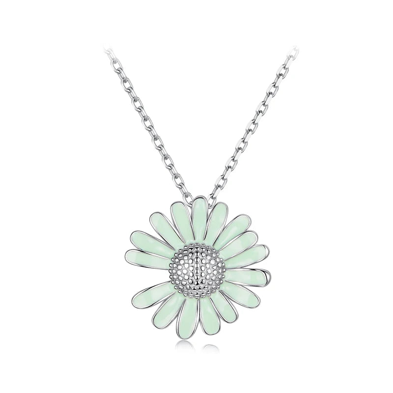 925 Sterling Silver Daisy Pendant Necklace – Green Flower Charm