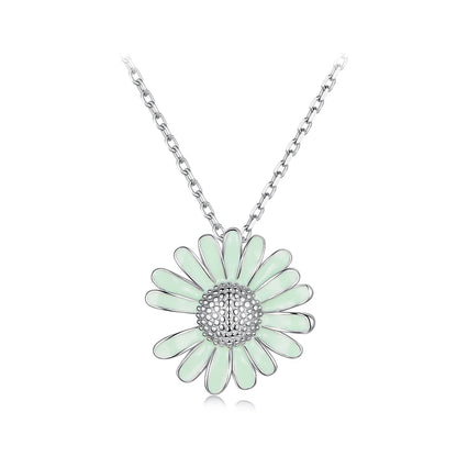 925 Sterling Silver Daisy Pendant Necklace – Green Flower Charm
