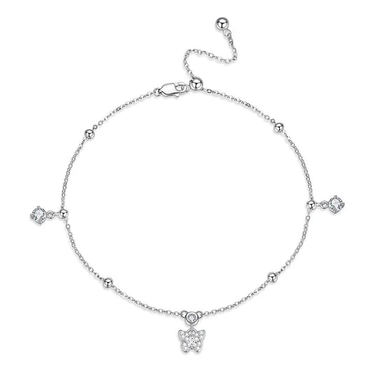 925 Sterling Silver Butterfly Anklet – Full Zircon Link Chain with Beads