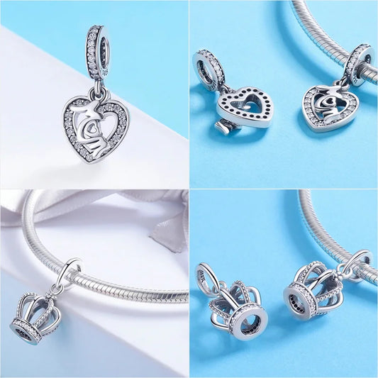 925 Sterling Silver Princess Crown Heart Lock Charm – CZ Pendant Beads for Bracelet DIY