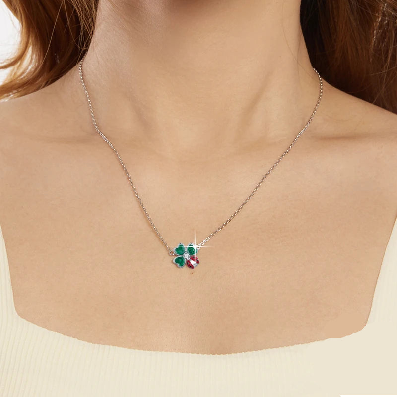 925 Sterling Silver Four-Leaf Clover & Ladybug Necklace – Lucky Jewelry