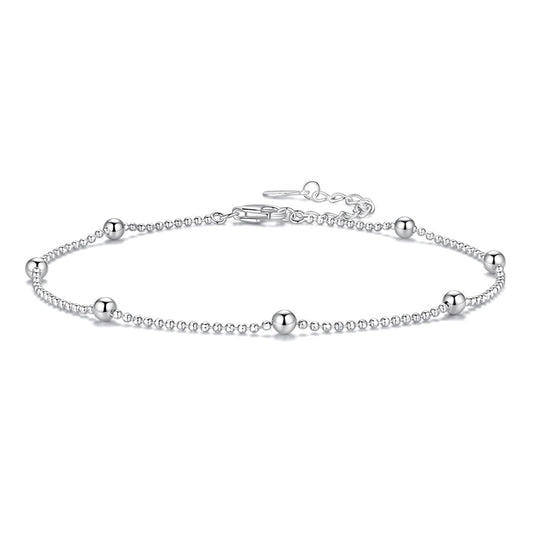 925 Sterling Silver Beaded Anklet – Minimalist Waterproof White Gold Plated Chain