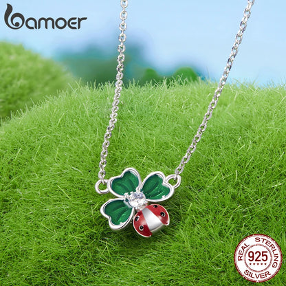 925 Sterling Silver Four-Leaf Clover & Ladybug Necklace – Lucky Jewelry