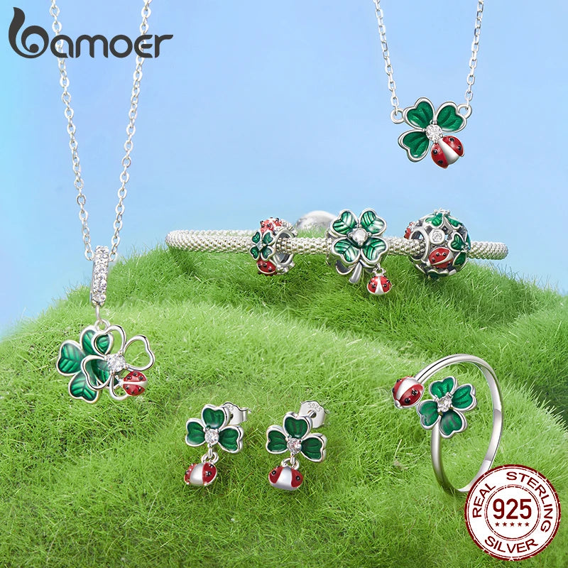 925 Sterling Silver Four-Leaf Clover & Ladybug Necklace – Lucky Jewelry