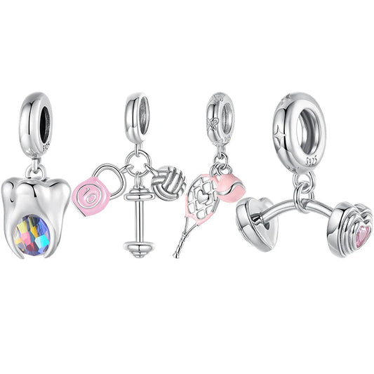 925 Sterling Silver Pink Sport Ball Dumbbell Pendant – Healthy Teeth Beads for DIY Bracelet